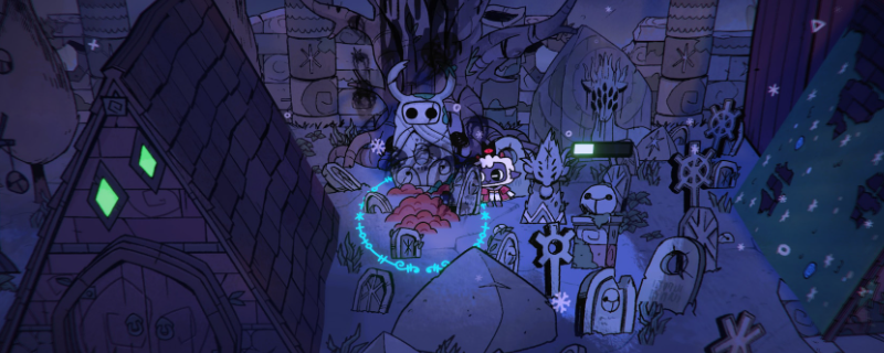 《咩咩启示录》游戏画面：伍尔黑文东南郊外夜景，昏黄月光洒落石径，地面清晰可见一枚发着微光的弯月形符文标记