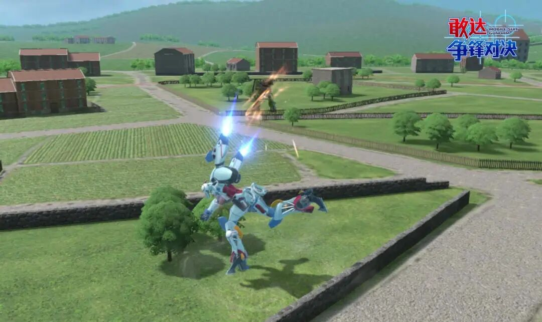 热能斧命中目标慢镜头：斧刃嵌入敌机装甲，目标机体腿部泛起紫色麻痹电弧