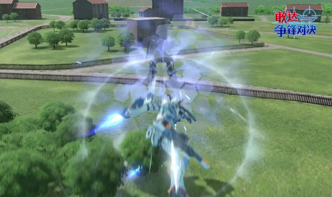 盾顶前冲突进路径：金色能量护盾在机体前方展开，直撞敌方MS胸甲引发火花四溅