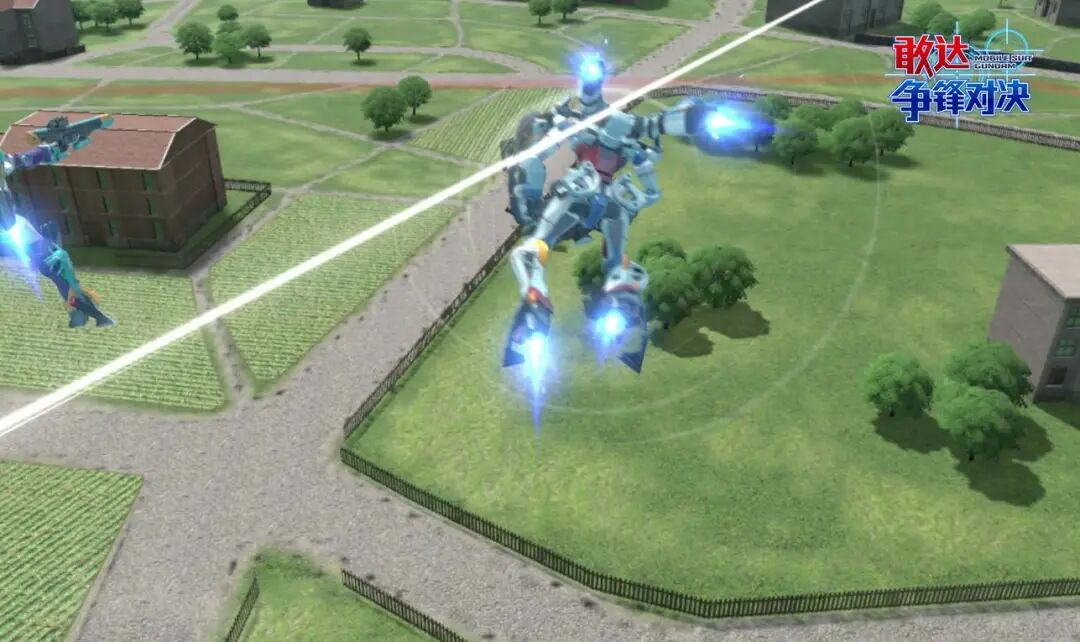 GFreD援护射击：空中浮游炮群锁定目标，发射数道精准光束，与本体射击形成交叉火力网