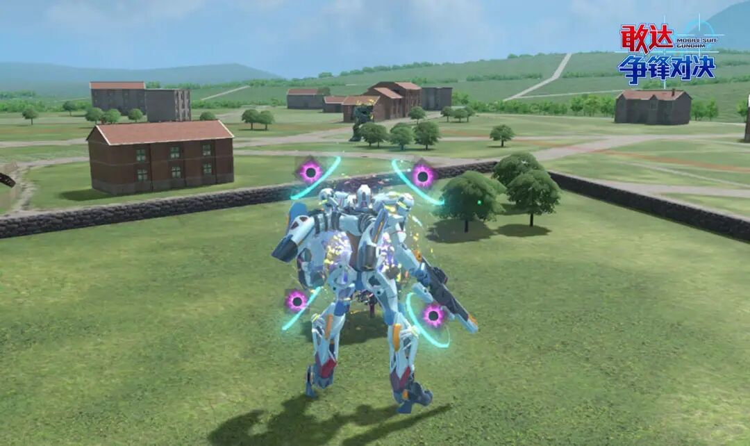 后撤射击特效：机体向后滑步，周身浮现红色锁定环，目标头顶强制出现黄色箭头指示器