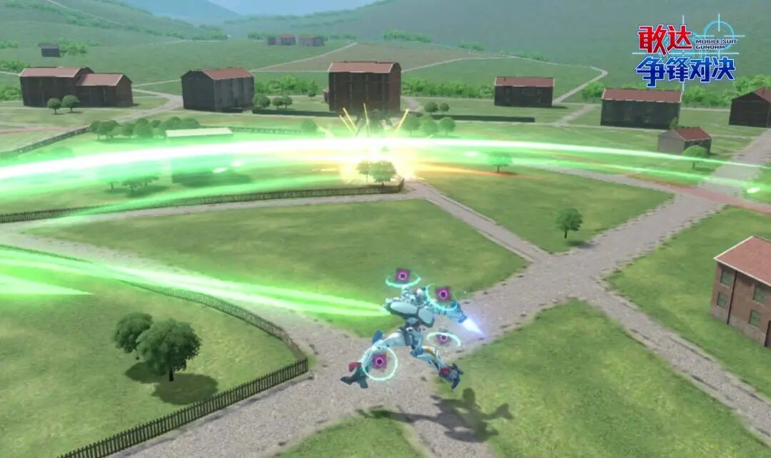 光束斧横劈：巨型蓝色光刃横向扫过，命中敌机腰部，触发白色击飞碎裂特效