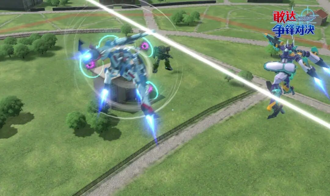 援护协同位移：左移过程中浮游炮先行锁定，随后本体与援护形成L型夹击阵型