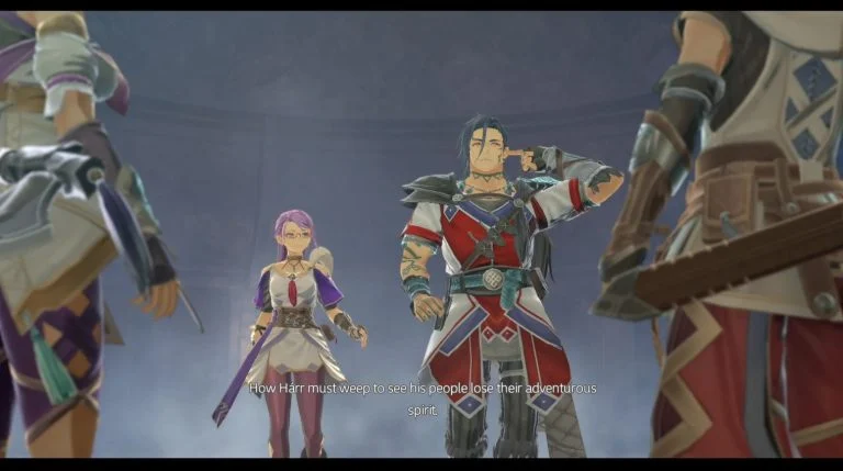 《伊苏X：北境历险》官方宣传图，冰原风暴席卷巨舰甲板，女主角手持双刃傲立船首，寒气凝结成霜晶特效环绕周身