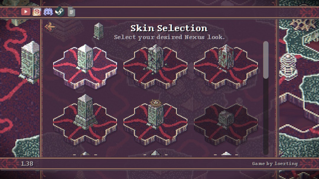 《Vena》游戏实机画面：红绿撞色像素风界面中，六边形地格错落铺展，多条发光资源脉络如血管般延伸向中央枢纽，背景浮现动态旋转的骰子与齿轮图标