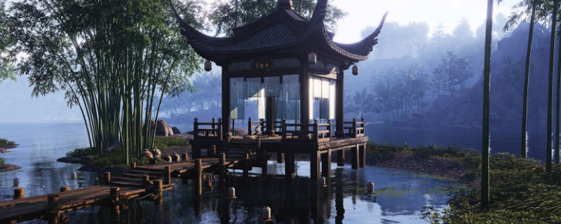 《燕云十六声》八阵图中央枢纽实景图：圆形石室穹顶绘有八卦星图，四周八道拱门呈对称分布，地面镶嵌流动的银色符文光路，一名白衣侠客正驻足观察左侧第三道门上的青铜机关