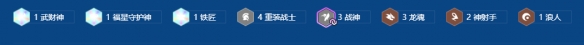 羁绊图标组合可视化图：4枚重装盾牌图标、3把战神利剑图标、3颗龙魂水晶图标紧密排列，下方标注‘4重装｜3战神｜3龙魂’动态文字特效