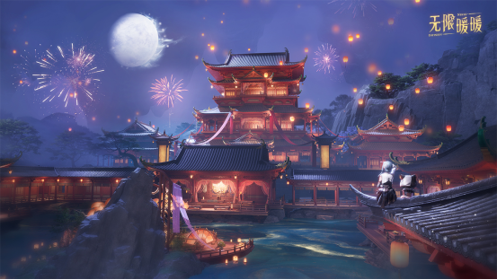 万相境实景截图：层叠错落的悬空廊桥贯穿琉璃山体，地面倒映星轨与飞天乐舞投影，暖暖正驻足轻触一面浮现敦煌藻井纹样的镜面墙壁