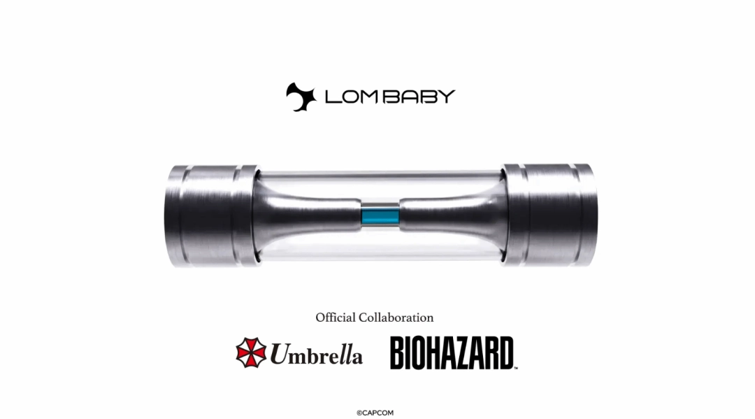 涩谷街头灯光映衬下的透明胶囊装置，内部悬浮着荧光蓝绿色螺旋结构模型，形似DNA与病毒粒子融合的艺术化T病毒样本，周围环绕日英双语展签