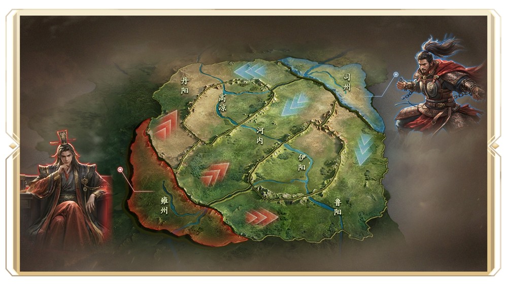《王于兴师》「两魏五战」新赛季全景地图，呈现上中下三路交战区布局，东魏与西魏势力城池星罗棋布，多条笔直战道贯穿核心据点，整体风格恢弘苍劲，尽显南北朝乱世格局