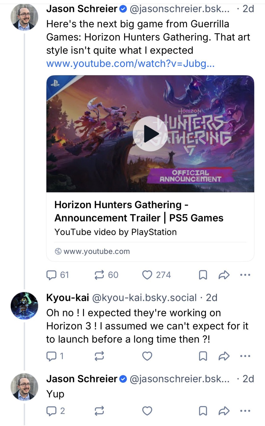 粉丝社区热议截图：推特评论区中高赞留言‘以为终于等到3代，结果点开是集结…’配图表情包为艾洛伊捂脸苦笑，下方Jason Schreier账号回复‘是滴’的对话气泡