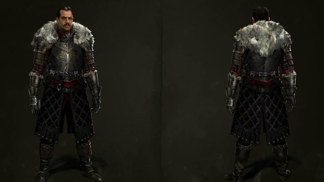 角色穿戴全套重制版盔甲的全身展示，金属鳞片在火把光照下呈现真实磨损痕迹与氧化色斑