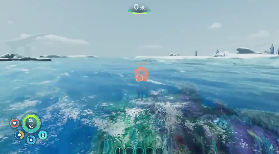 终章场景：幽暗海底遗迹中央，巨大环形装置缓缓亮起脉冲蓝光，主角站立光柱中，四周悬浮破碎的外星文字与地球卫星影像全息投影