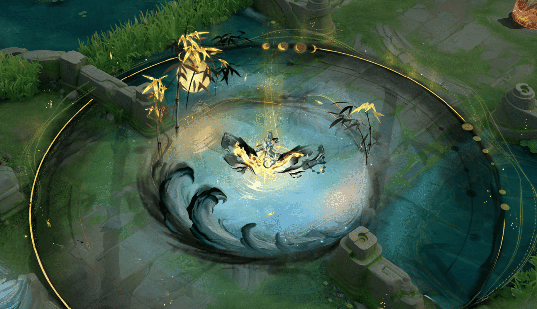 伽罗开启一、三技能瞬间，地面金色法阵中央升起巨大半透明墨竹虚影，竹叶微动，月光透过竹隙洒下斑驳光影