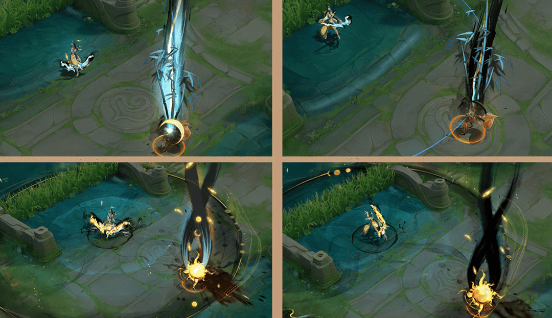 伽罗普攻暴击特效特写：一枚半透明竹叶箭矢命中敌人，地面炸开墨色涟漪；暴击时巨型墨竹虚影从天而降，竹根扎入地面迸发金光；开启一技能后，双股水墨洪流交叉坠落，敌人头顶悬浮燃烧的金色太阳虚影