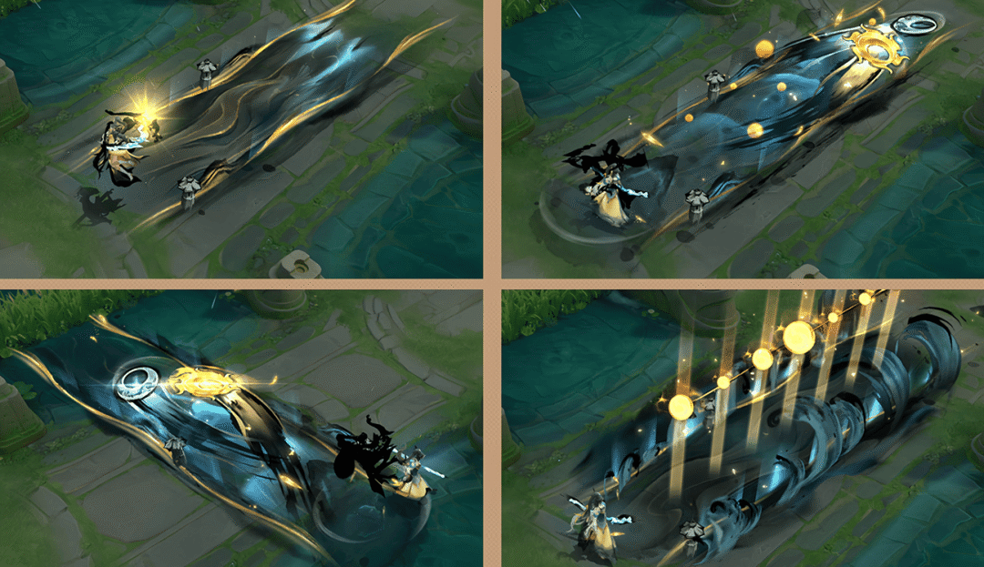 伽罗二技能释放全过程：银白月轮与赤金日轮呈螺旋轨迹飞出，拖曳出绵长水墨光带；双轮飞越后，河面静止浮现北斗七星，两侧浪花如白鹤振翅般向上翻涌，水珠晶莹剔透