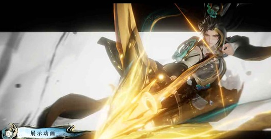 皮肤技能特效演示动图：伽罗释放二技能时射出旋转的日轮与月轮光效，大招开启瞬间背景浮现水墨晕染的日升月落动态过渡