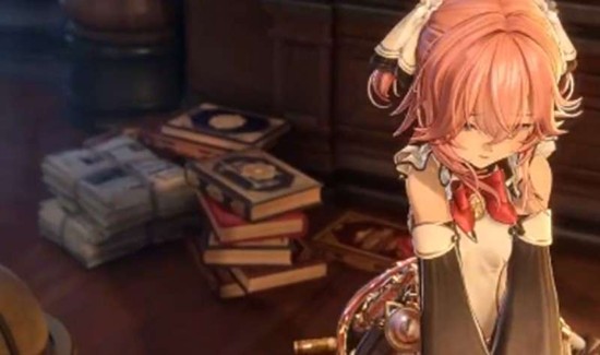 游戏内过场动画截图：阿芙踮脚站在锈蚀铁桥边缘，裙摆随风轻扬，左手托着发光怀表，右手轻触空中浮现的半透明齿轮投影，光影交织呈现神秘叙事氛围