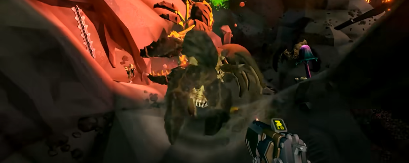 《深岩银河》中三只巨型无畏BOSS在幽暗洞穴中围攻玩家小队的紧张战斗画面，前方矮人角色持霰弹枪边退边射，后方队友架起重武器倾泻火力，地面裂痕与能量护盾光效交织