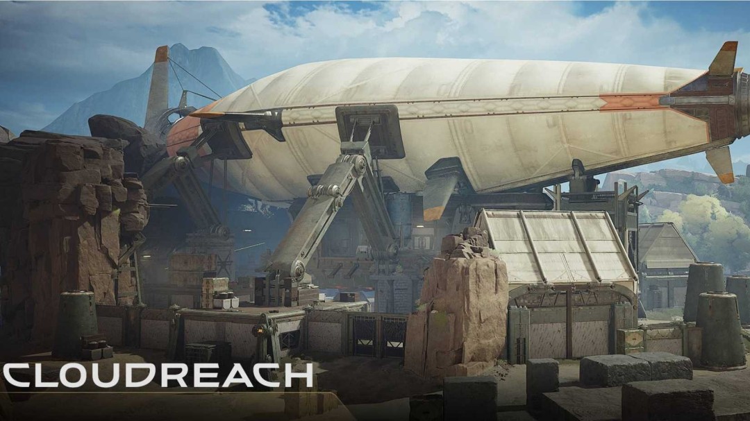 《巅峰守卫》全新云巅基地实景渲染图：一艘庞大战舰式飞艇悬停于云海之上，下方是钢铁结构的巨型机库，甲板上可见狙击手剪影与闪烁的能量锚石
