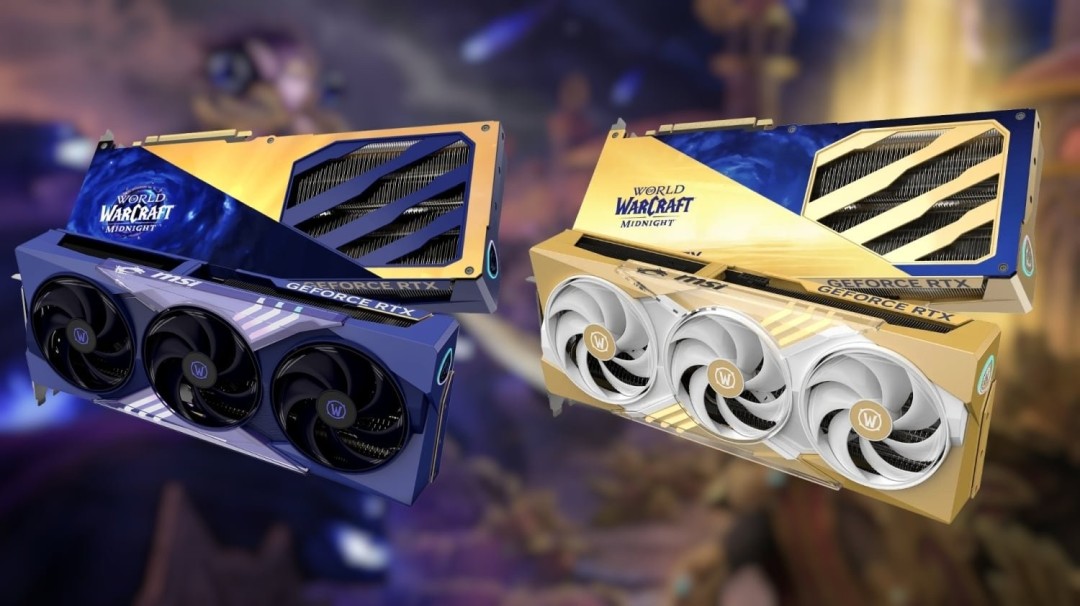 RTX 5070虚空版显卡特写：深空紫黑渐变散热装甲，表面蚀刻暗影裂隙纹路，RGB灯效模拟虚空能量脉动