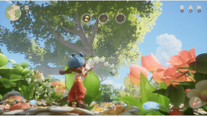 动态GIF：角色站在餐桌上，伸手接住从天花板垂落的橘子果肉，果肉在接触瞬间化作晶莹冰淇淋球，周围漂浮着细小的橘子香气粒子特效