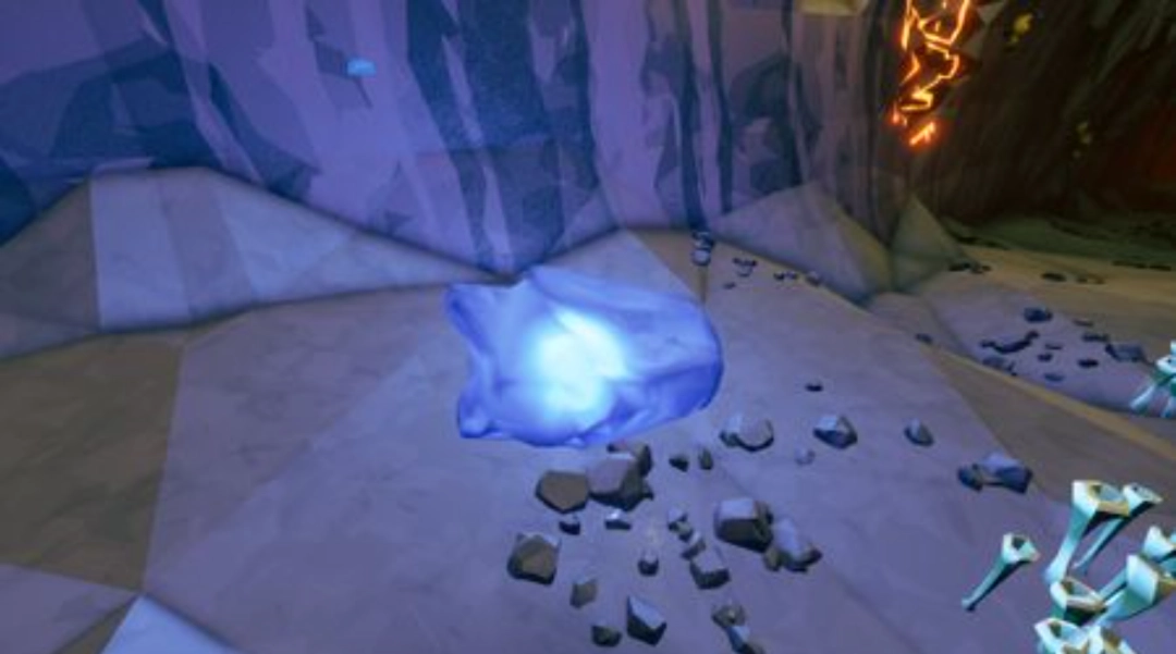 第一人称视角特写：钻头正对一块布满蛛网状蓝光纹路的竖立碑石，左侧UI弹出‘水痕碑石·任务锚点’金色标识