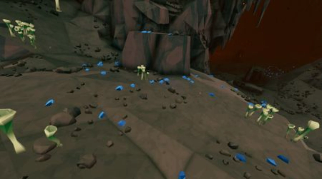 俯视矿洞场景：数块水痕碑石呈三角阵列分布于发光蓝晶簇中央，地面投影出动态扫描波纹，暗示其作为任务核心节点的功能性