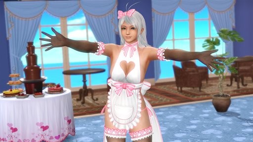 写真集第三页：俯拍视角，女神跪坐在铺有碎花餐布的甲板上，面前摆放多款自制料理，围裙下摆随海风微微飘动