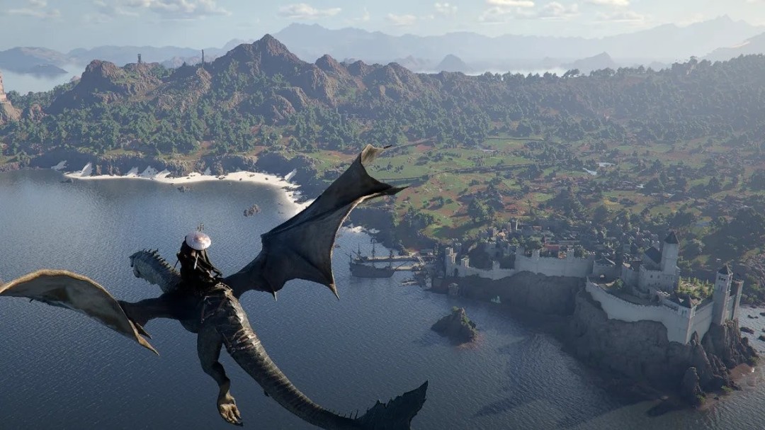 《红色沙漠》实机画面：广袤荒漠与巨型古代遗迹交相辉映，主角策马奔腾于沙丘之巅，天际线浮现悬浮要塞剪影，光影层次恢弘磅礴