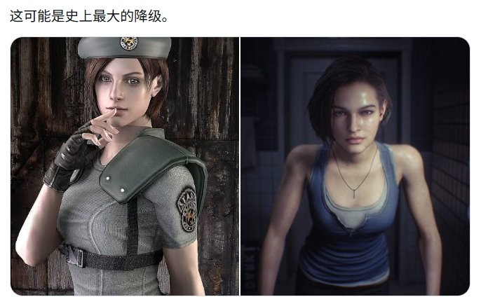 幕后制作对比图：左为2002年PS2版吉尔建模线框图，多边形数不足2000；右为《生化危机3：重制版》吉尔面部拓扑结构，精细至毛孔级皮肤纹理与肌肉运动模拟