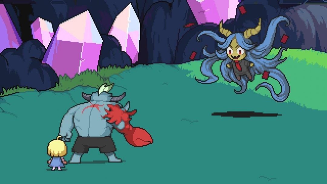 游戏实机战斗画面：俯视角下罗伊挥斧格挡敌人攻击，梅格蜷缩在他身后微微发抖，屏幕右上角清晰显示‘梅格情绪：不安’的动态提示条