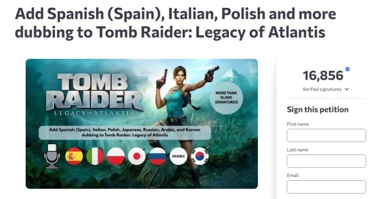 玩家制作的请愿活动宣传图：破碎的多语言话筒图标环绕劳拉剪影，背景是燃烧的‘ATLANTIS’字样，下方标语‘Our Voices Matter’（我们的声音值得被听见）