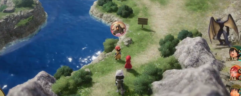 《勇者斗恶龙7：重制版》游戏内场景截图：圣风之谷黄昏地貌，三名手持巨棒的绿色皮肤食人魔正围攻主角，角色头顶显示‘食人魔之心’掉落特效光粒