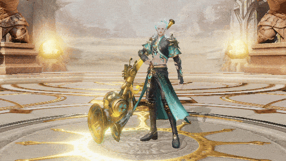 鸣音变身‘和灵’技能动态演示：角色周身浮现金色契约符文，风笛化作流光缠绕全身，随即爆发出强烈白蓝双色光效，最终凝聚为威严应龙或狰狞混沌神兽