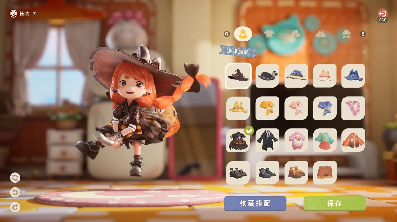 九宫格角色穿搭展示图：中心为Q版主角粒粒，环绕八套不同风格造型，包括发光蘑菇裙、齿轮机械臂、樱花和服、像素游戏机背包等，每套配色和谐、细节考究