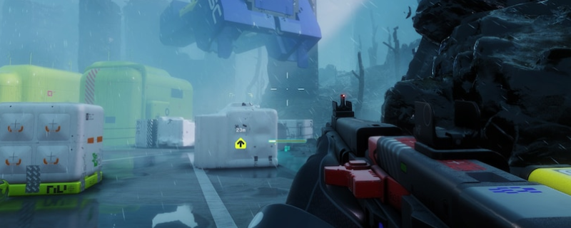 《失落星船：马拉松》游戏内M77突击步枪第一人称持握特写，金属质感枪身搭配战术导轨与折叠式机械瞄具，背景为灰蓝色太空舰桥环境