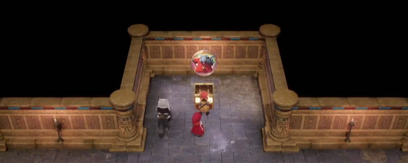 《勇者斗恶龙7：重制版》游戏内实机画面：沙漠场景中的巨型魔王石像，镜头聚焦于二层拱门阴影处的发光宝箱，宝箱表面浮现出猫科生物与魔法符文交织的浮雕图案