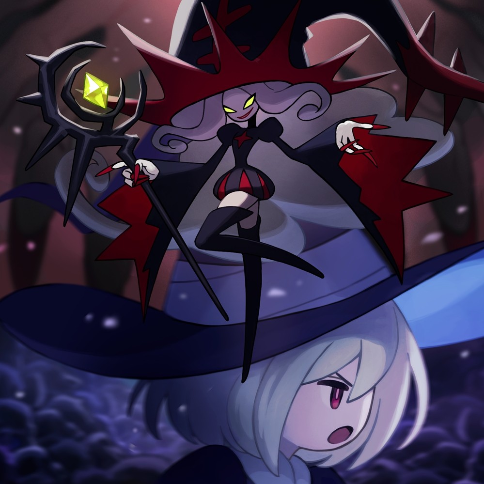 游戏内实机画面：主角在藤蔓缠绕的石廊中腾跃，头顶黑帽泛起紫光，前方敌人正被无形力量操控转身攻击同伴