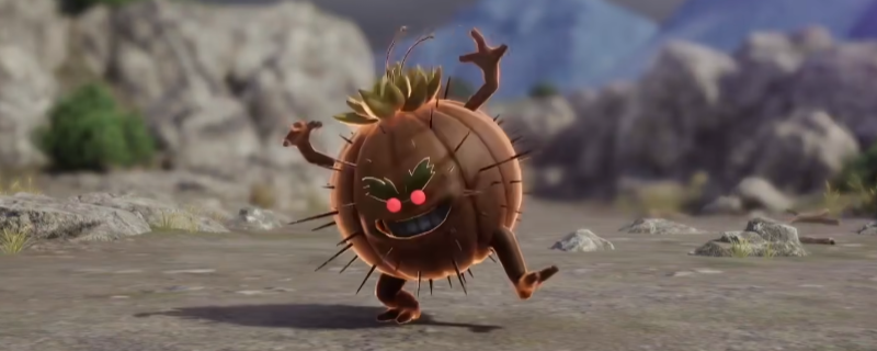 《勇者斗恶龙7：重制版》游戏画面：沙漠背景下一只拟人化跳舞的针球怪物，全身覆盖翠绿带刺表皮，双臂张开呈旋转姿态，地面扬起细密沙尘，UI显示其为‘舞蹈针球’精英敌人