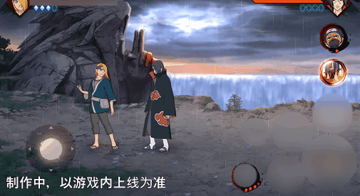 游戏实机画面：迪达拉在战场中央旋转腾空，周身环绕七枚悬浮黏土雕塑，落地瞬间触发环形冲击波，地面龟裂纹路中迸发橙红火舌，角色特效粒子密度极高