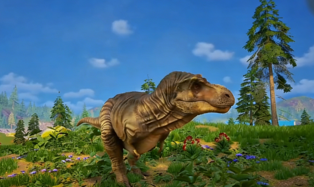 力量型暴龙冲锋瞬间：肌肉虬结的前肢猛砸地面，裂纹向四周蔓延，尘土飞扬中可见其赤红双瞳与张开的巨口