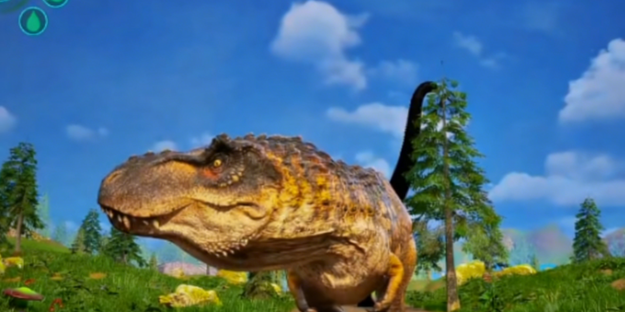 全景战场俯瞰图：不同阵营的恐龙在火山裂谷地带激烈交锋，火焰、毒雾、震波特效交织，展现立体化战术对抗