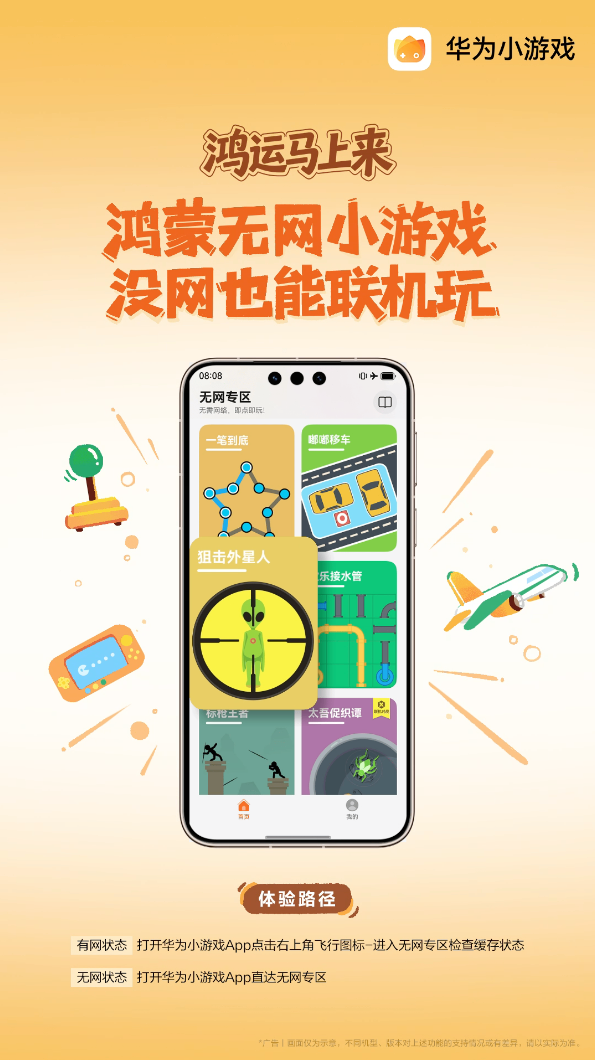 鸿蒙无网小游戏界面实拍图：手机桌面悬浮着多个游戏图标，背景为机场登机口场景，右上角显示‘无网络·已就绪’状态提示