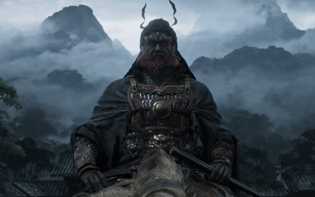 《黑神话：钟馗》实机短片高清剧照，画面中钟馗立于古风酒肆中央，案上热气蒸腾、菜肴丰盛，光影层次细腻，氛围厚重而鲜活