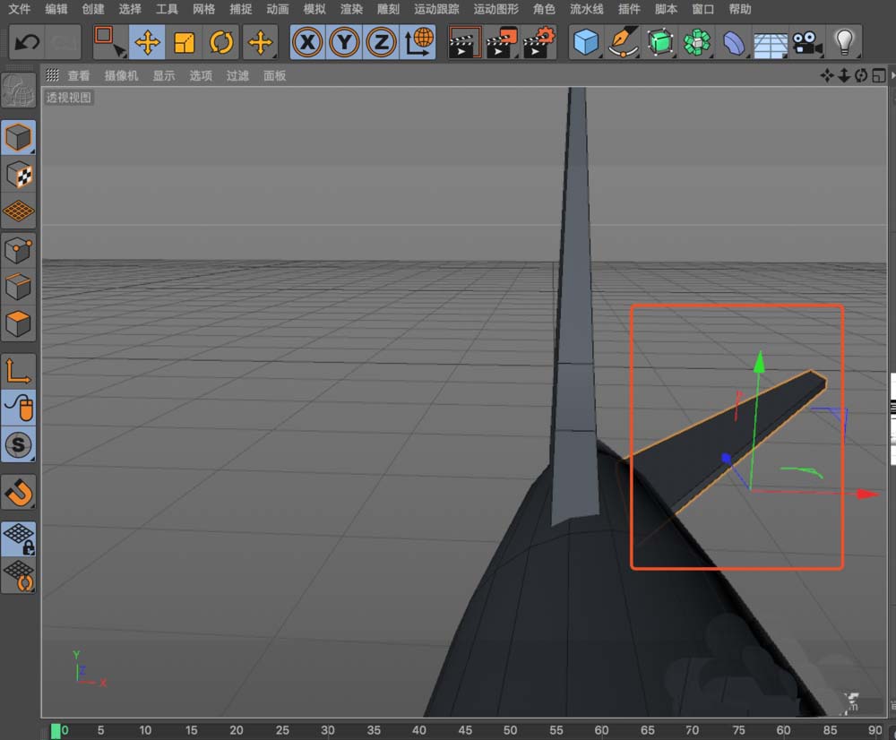 C4D视图中高亮显示已全选的模型表面，所有面呈橙色线框状态，顶部菜单栏可见‘对象’与‘网格’选项卡激活