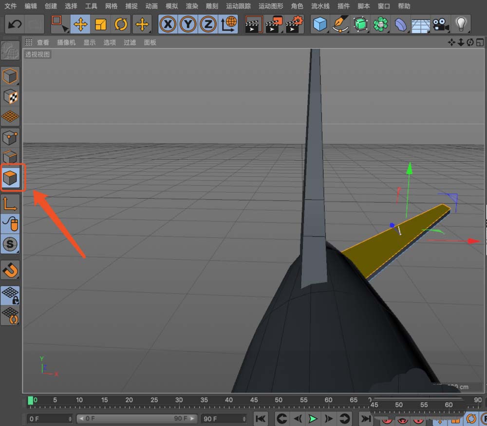 镜像操作中鼠标拖拽形成的动态蓝色平面正切于模型左侧边缘，平面上叠加白色十字准星，指示当前镜像中心点