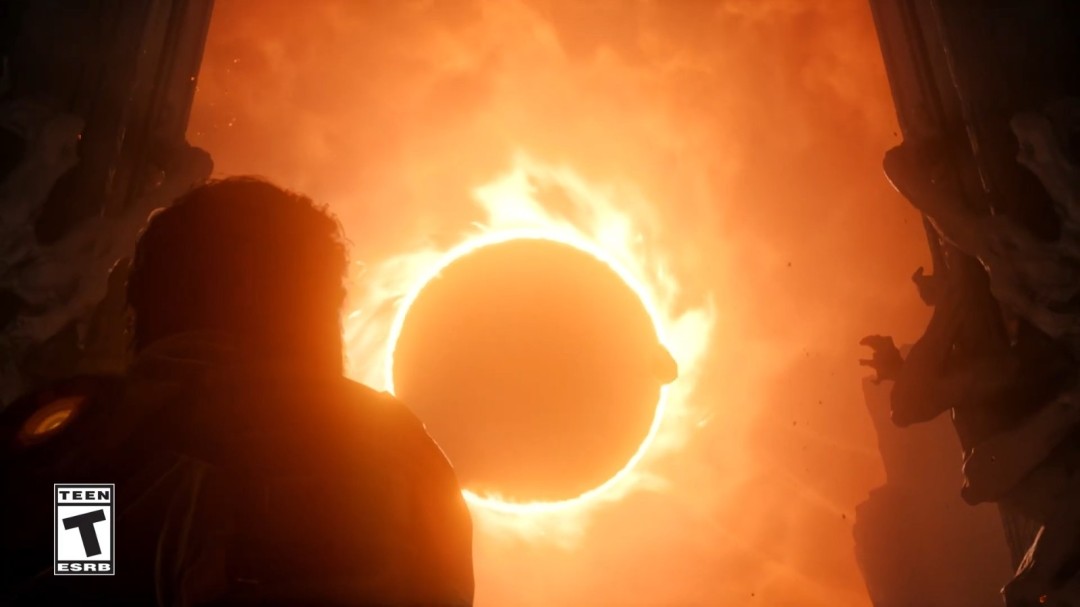 《Saros》游戏实机截图：主角Arjun Devraj身着破损动力装甲，在赤红色异星废墟中持双枪跃起，背景悬浮巨型断裂环形空间站残骸，粒子光效密集炸裂