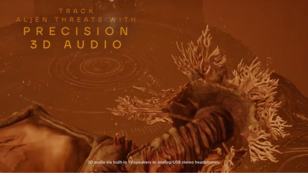 《Saros》游戏实机截图：角色在垂直岩壁高速攀爬时，脚下碎石实时滚落，3D音频波纹图示在画面边缘动态扩散，展现空间声场定位