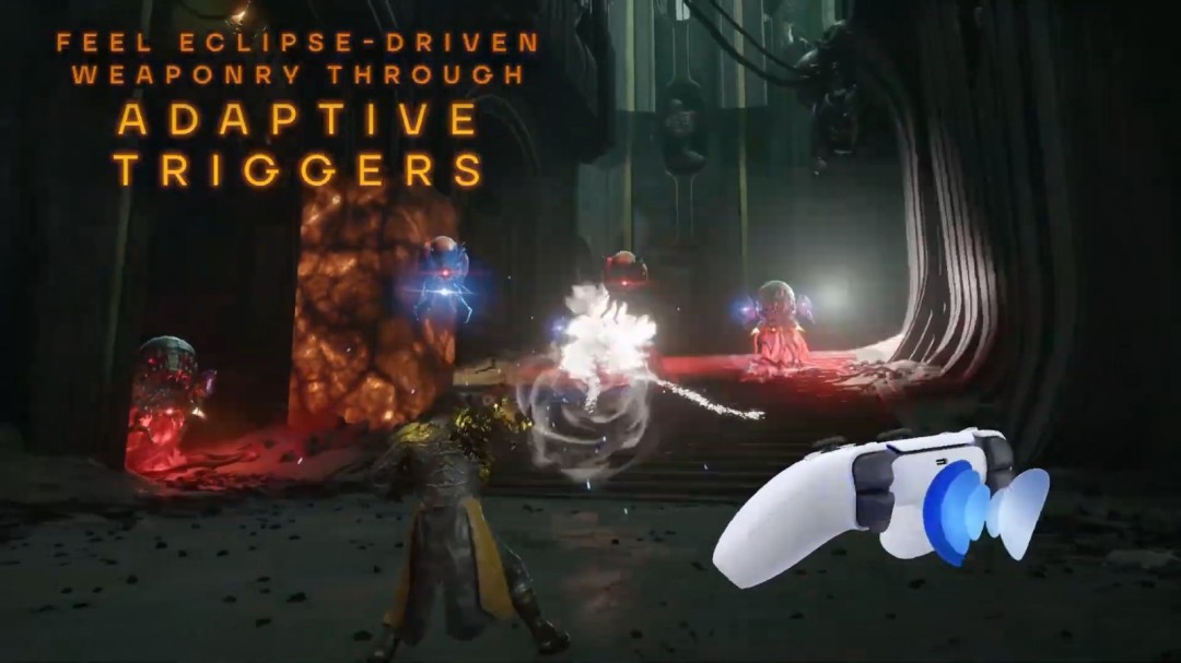 《Saros》游戏实机截图：Boss战高潮时刻，巨型机械章鱼从地底破土而出，触手带电弧扫荡，DualSense手柄同步输出多频段震动反馈